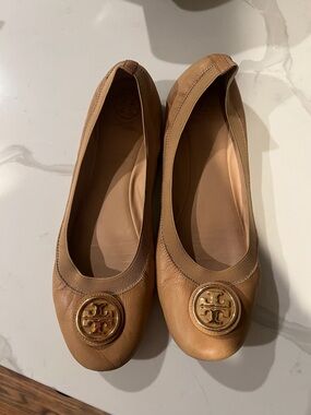 Tory Burch Caramel Leather Logo Ballet Flats